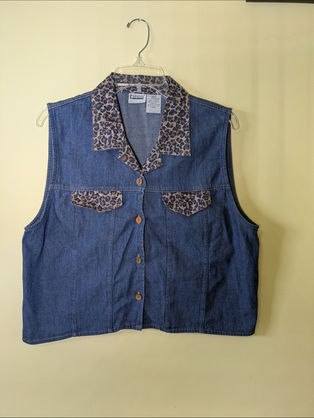 Capacity Vintage 90s Denim Vest with Leopard Trim